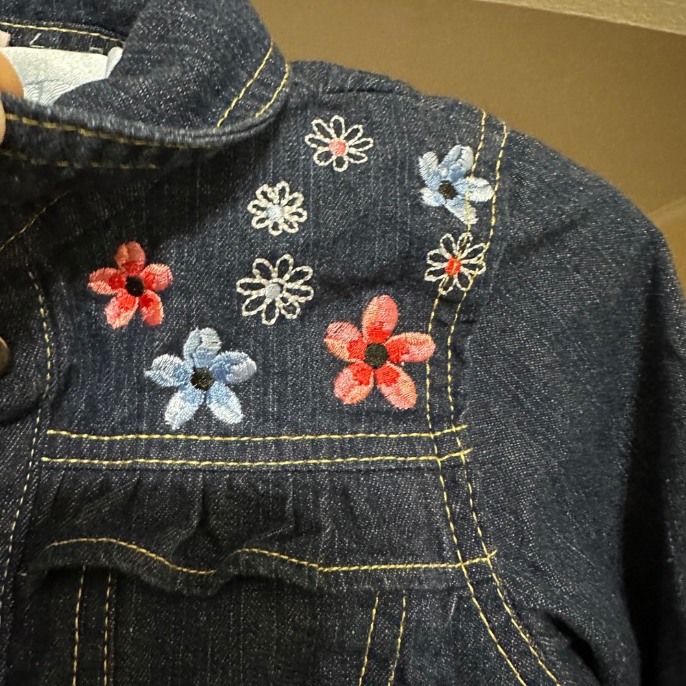 Nannette Lepore Kids Denim Jean Jacket Embroidered Flowers Blue Pink White Sz 7 - Picture 4 of 8